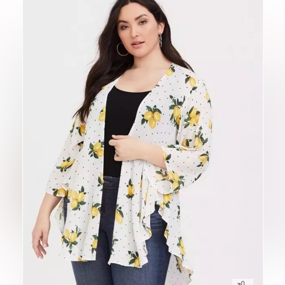 Torrid 00/0 M/L 10/12 Women’s Crepe Shirttail Kimono in Sweet Lemons 3/4 Sleeves - Picture 1 of 11